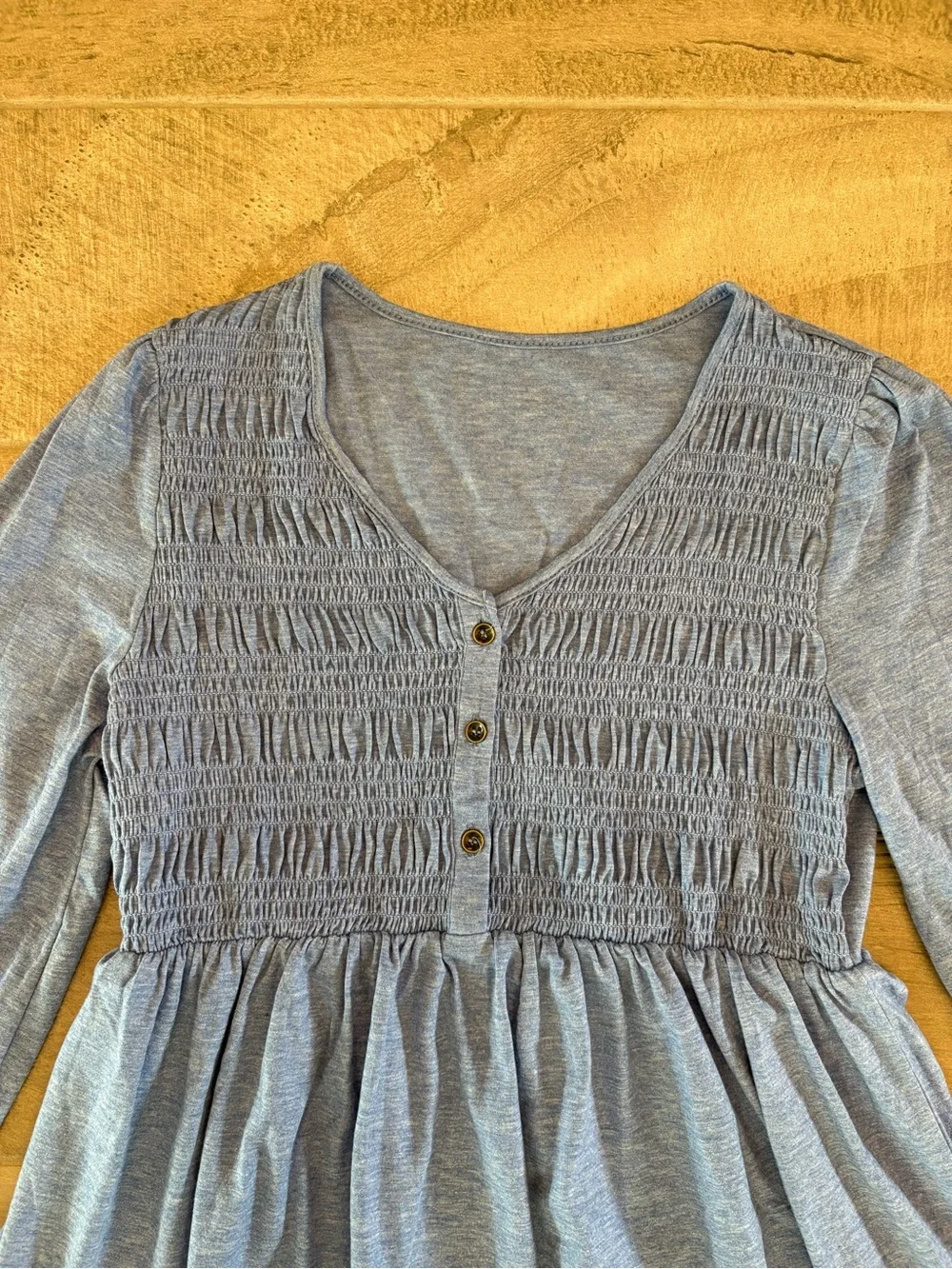 Blue Smocked Maternity Nursing Top Long Sleeve Babydoll Blouse Pregnancy -Medium - Picture 4 of 6